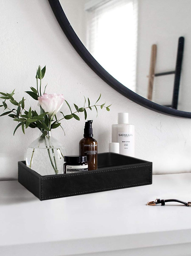 HofferRuffer Faux Leather Vanity Tray, Elegant Desktop Storage Organizer, Decorative Catchall for Perfume, Bathroom Valet, Nightstand or Dresser, Black, 10.2 x 8.4 x 1.8 Inches - Image 4